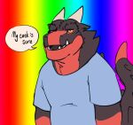  anthro brown_body chiderg chisuun clothing dialogue dragon english_text hi_res horn lgbt_pride male rainbow_background scalie shirt simple_background solo speech_bubble text topwear 