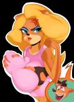  2021 activision annoyed anthro bandicoot big_breasts black_background black_nose blonde_hair breast_grab breasts brown_body brown_fur clothing crash_bandicoot crash_bandicoot_(series) duo eyeshadow female fingerless_gloves fur gloves green_eyes hair hand_on_breast handwear hi_res huge_breasts lipstick long_hair makeup male male/female mammal marsupial multicolored_body multicolored_fur navel shirt simple_background tan_body tan_fur tank_top tawna_bandicoot topwear twinkl_belle two_tone_body two_tone_fur video_games 