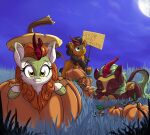  2021 asian_mythology autumn_blaze_(mlp) blue_eyes chinese_mythology cinder_glow_(mlp) cloven_hooves east_asian_mythology english_text eyebrows eyelashes eyes_closed female feral food friendship_is_magic fruit fur grass group halloween hi_res holidays hooves kirin looking_at_viewer lying mammal mane moon my_little_pony mythology night on_front plant pumpkin pumpkin_smoke_(mlp) rocket-lawnchair scales sign sleeping smile smiling_at_viewer text trio yellow_eyes 