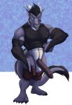  2021 5_fingers 5_toes absurd_res anthro armwear balls belly big_abs big_balls big_biceps big_calves big_penis big_quads big_triceps black_armwear black_body black_claws black_clothing black_fur black_glans black_penis black_pseudo_hair black_pubes black_spikes black_tail blue_background blue_eyes bottomwear bristol brown_bottomwear brown_clothing brown_shorts claws closed_smile clothed clothing colored daeon_(thespicyminty) digital_drawing_(artwork) digital_media_(artwork) dragon ear_piercing ear_ring facial_piercing facial_spikes feet fingers frilled_penis front_view full-length_portrait fur genitals glans gold_(metal) gold_jewelry gold_ring grey_arms grey_body grey_ears grey_face grey_fingers grey_hands grey_inner_ear grey_neck grey_scales grey_tail hi_res horn huge_deltoids huge_pecs huge_penis humanoid_hands jewelry looking_at_viewer male manly multicolored_body multicolored_scales muscular muscular_anthro muscular_male navel nose_piercing nose_ring partially_clothed partially_clothed_anthro partially_clothed_male penis piercing plantigrade portrait pseudo_hair scales scalie shaded shorts shorts_down simple_background skimpy smile smiling_at_viewer spikes spikes_(anatomy) standing tight_clothing toes toony two_tone_body two_tone_neck two_tone_scales two_tone_tail undressing unusual_anatomy unusual_genitalia unusual_penis white_background white_balls white_belly white_body white_chest white_horn white_neck white_scales 