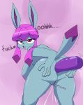  &lt;3 anal anal_penetration anthro areola blue_body blue_skin bodily_fluids eeveelution ejaculation female genital_fluids genitals glaceon hair hi_res hsp nintendo penetration pink_areola pink_background pink_hair pok&eacute;mon pok&eacute;mon_(species) purple_eyes pussy pussy_ejaculation pussy_juice sex_toy sex_toy_in_ass sex_toy_insertion simple_background solo text vibrator vibrator_in_ass video_games 