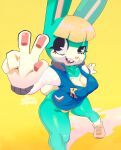  2021 5_fingers animal_crossing anthro big_breasts blonde_hair bottomless breasts cleavage clothed clothing crossgender digital_media_(artwork) female fingers footwear fur gesture green_body green_fur hair hi_res jacket lagomorph leporid mammal nintendo open_mouth open_smile pawpads pose rabbit sasha_(animal_crossing) seyferwolf shaded sharp_teeth shoes signature simple_background smile sneakers socks solo standing teeth thick_thighs topwear v_sign video_games wide_hips yellow_background 