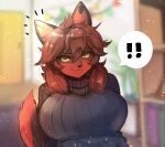  ! 2021 anthro big_breasts black_nose blurred_background breasts brown_body brown_fur brown_hair bust_portrait canid canine clothing emanata female fox franchesca_(garasaki) fur garasaki_(copyright) hair hi_res huge_breasts kemono looking_at_viewer mammal onikuman portrait pupils red_body red_fur slit_pupils solo sweater topwear yellow_eyes 