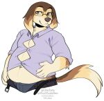  2021 alpha_channel anthro belly big_belly bottomwear brown_eyes brown_hair canid canine canis clothed clothing digital_media_(artwork) domestic_dog dress_shirt eyewear glasses hair hi_res kittydee male mammal open_bottomwear open_clothing open_pants overweight overweight_male pants shirt simple_background solo topwear transparent_background unbuckled_belt 