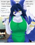  aleak_r alloy_(character) anthro big_breasts blue_body blue_fur blue_hair blush breasts claws clothing dialogue dialogue_box embarrassed english_text eyebrow_through_hair eyebrows female fur green_clothing hair hi_res holding_object huge_breasts i_mean_breast_milk inner_ear_fluff looking_at_viewer meme questionable_consent shaded simple_background solo text thick_thighs tight_clothing translucent translucent_hair tuft white_body white_fur wide_hips yellow_eyes 