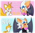  2_tails absurd_res anonymous_artist anthro blush canid canine chiropteran comic duo female fox fur hi_res male mammal miles_prower multi_tail rouge_the_bat rude sega simple_background sonic_the_hedgehog_(series) tan_body text wings yellow_body yellow_fur 