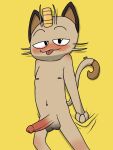  3:4 anthro balls blush brown_balls brown_body brown_ears brown_fur brown_tail dacoffeeaxolotl fur genitals male meowth nintendo penis pink_tongue pok&eacute;mon pok&eacute;mon_(species) red_penis simple_background solo tongue tongue_out video_games whiskers yellow_background 
