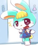  animal_crossing anthro bathroom block_(artist) blonde_hair blue_body blue_fur blush chibi digital_media_(artwork) embarrassed female_symbol fur gender_symbol hair lagomorph leporid letterman_jacket long_ears male male_symbol mammal nintendo rabbit sasha_(animal_crossing) shaded solo symbol video_games 