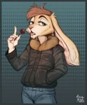  5_fingers absurd_res anthro blue_border border brown_hair clothed clothing digital_media_(artwork) eyebrows eyelashes fingers green_eyes hair hi_res hinar_miler lagomorph leporid long_ears male mammal open_mouth rabbit shaded solo tongue 