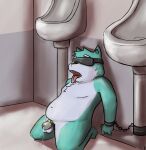  blindfold blue_body blue_fur bodily_fluids canid canine canis chastity_cage chastity_device fur genital_fluids handcuffed handcuffs hi_res kneeling male mammal precum precum_string restraints sebasteray shackles solo tongue tongue_out urinal wolf 