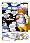  2021 anthro belly black_nose blue_body canid canine chibineco clothing comic duo english_text eyes_closed female fox genitals giant_panda hi_res humanoid_hands kemono mammal necktie overweight overweight_female pussy school_uniform shirt space star text topwear uniform ursid yellow_body 