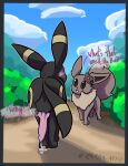  absurd_res accessory animal_genitalia animal_penis aroused backsack balls black_balls black_body black_butt black_ears black_fur black_tail blush blush_lines bodily_fluids brown_body brown_ears brown_fur brown_tail butt canid canine canine_penis dialogue eevee eeveelution erection female feral flower flower_in_hair fur genital_fluids genitals group hair hair_accessory hi_res knot male male/female male_focus mammal nintendo open_mouth penis plant pok&eacute;mon pok&eacute;mon_(species) precum solo speech_bubble umbreon video_games zarra_(artist) 