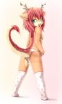 2021 anthro antlers biped blue_eyes breasts camel_toe clothed clothing dragon featureless_breasts female footwear fur furred_dragon hair heart_clothing hi_res horn looking_at_viewer panties rear_view red_hair simple_background sinelesh socks solo tongue tongue_out topless underwear young 