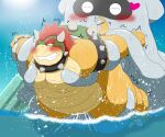  2021 anthro aosano_tenpura belly blooper blush bowser duo feral hi_res kemono koopa male mario_bros moobs nintendo outside overweight overweight_male scalie tentacles video_games water 