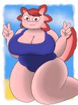  amphibian anthro axolotl beach belly big_belly big_breasts blush breasts camel_toe cleavage clothed clothing curvy_figure digital_media_(artwork) double_v_sign female gesture hair hi_res huge_breasts kneeling looking_at_viewer mammal mole_salamander nipple_outline nipples nyool_(artist) one-piece_swimsuit outside overweight overweight_anthro overweight_female pose salamander_(amphibian) seaside simple_background smile solo swimwear thick_thighs v_sign wide_hips 