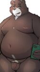  2021 9:16 anthro balls belly brown_body cellphone flaccid genitals hi_res humanoid_genitalia humanoid_hands humanoid_penis kemono male mammal menmen_kesinn moobs navel nipples overweight overweight_male penis phone simple_background small_penis smartphone solo ursid white_background 
