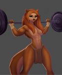  abs anthro aozee athletic athletic_female barbell big_breasts bottomwear breasts canid canine clothed clothing convenient_censorship digital_media_(artwork) exercise female fur hair hair_covering_breasts hand_wraps hi_res loincloth mammal muscular muscular_anthro muscular_female shaded solo topless weightlifting workout wraps 