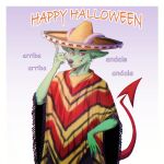  1:1 anonymous_artist anthro claws clothing costume demon digital_media_(artwork) english_text festive fur gradient_background green_body green_fur half-length_portrait halloween hat headgear headwear hi_res holidays horn humanoid leotoefinger looking_at_viewer male poncho portrait red_eyes shaded simple_background solo sombrero spade_tail spanish_text text 