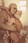  anthro armpit_hair blinian body_hair bulge clothed clothing dialogue duo empty_speech_bubble erection erection_under_clothing fondling hand_in_shirt haplorhine hi_res humanoid male male/male mammal monkey orc primate 