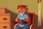  2019 absurd_res anthro belly bottomwear canid canine chair clothing disney fox fur furniture gideon_grey hi_res inside male mammal nail_file nemonutkin orange_body orange_fur overweight overweight_male pants sad shirt sitting solo topwear zootopia 