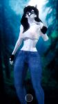  3d_(artwork) abs absurd_res anthro black_hair blue_eyes bottomwear canid canine canis carceri_gundyr_(ludexus) clothing denim denim_clothing digital_media_(artwork) eyewear fan_character female forest forest_background glasses gloves hair handwear hi_res jeans ludexus mammal nature nature_background pants plant small_waist solo source_filmmaker tree white_body white_skin wolf 