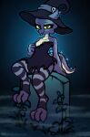  blackberry_(purplealacran) breasts claws clothing clothing_aside eyelashes featureless_breasts flashing fungus hat headgear headwear hi_res horn kobold legwear lizard looking_at_viewer mushroom purple_body purplealacran red_eyes reptile scalie signature stockings tombstone witch_hat yellow_sclera 