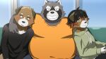  16:9 2021 anthro black_nose blush bottomwear brown_body canid canine canis clothing domestic_dog embrace eyes_closed furniture grey_body group hi_res hug humanoid_hands inside kemono male mammal navel_outline nikiciy overweight overweight_male pants procyonid raccoon shirt sitting sofa topwear widescreen 