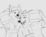  2021 5:4 abs anthro biceps canid canine clothed clothing disney duo fox gideon_grey humanoid_hands jonsthaman male mammal monochrome musclegut muscular muscular_male nick_wilde open_clothing open_shirt open_topwear overalls pecs shirt simple_background topwear zootopia 