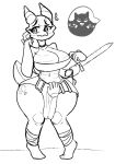  2_horns anthro big_breasts breasts cleavage clothed clothing female hi_res horn hsp kobold leg_wrappings melee_weapon monochrome non-mammal_breasts scalie solo sword teasing tugging_clothing weapon 