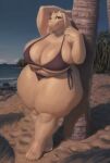  2021 5_toes absurd_res anthro beach big_breasts bikini boss_monster bovid breasts caprine cleavage clothed clothing cloud curvy_figure day detailed_background feet female floppy_ears goat hi_res huge_breasts huge_thighs long_ears looking_at_viewer mammal mature_anthro mature_female midriff outside overweight overweight_anthro overweight_female palm_tree patacon plant pose sand seaside sky smile solo standing swimwear thick_thighs toes toriel tree undertale undertale_(series) video_games voluptuous water wide_hips 