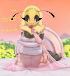  2021 absurd_res antennae_(anatomy) anthro arthropod arthropod_abdomen bee big_breasts black_sclera blossom_(thousandfoldfeathers) bodily_fluids breasts clothing crying dialogue digital_media_(artwork) english_text female flower fur grass hi_res holding_object hymenopteran insect insect_wings kneeling mandibles non-mammal_breasts pink_clothing pink_eyes plant smile solo stripes tears text thick_thighs thousandfoldfeathers translucent translucent_clothing wide_hips wings yellow_body yellow_fur 