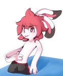  absurd_res anthro blush bodily_fluids bottomwear clothing flattened hair hi_res lagomorph leporid looking_at_viewer male mammal mizuriba pink_eyes pink_hair rabbit shorts simple_background smile solo sweat what 