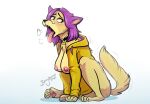  2021 alternate_species beingobscene breasts busty_feral canid canine canis clothing domestic_dog female feral fur hi_res hoodie looking_back mammal nipples sam_deko simple_background solo tongue tongue_out topwear white_background yellow_body yellow_fur yellow_hoodie 