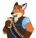  2018 anthro blue_eyes canid canine clothing cosplay disney eating food fox gideon_grey heavy_(team_fortress_2) male mammal orange_body overweight overweight_male shirt simple_background skunkbutt_(artist) solo team_fortress_2 topwear valve video_games white_background zootopia 
