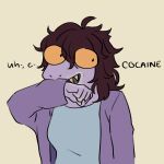  1:1 ahoge anthro breasts brown_hair clothed clothing deltarune devinyx dialogue dinosaur english_text female front_view fully_clothed hair hi_res humor jacket looking_away messy_hair nervous non-mammal_breasts open_mouth open_smile orange_sclera purple_body purple_scales reptile scales scalie sharp_teeth shirt simple_background smile solo standing susie_(deltarune) teeth text topwear undertale_(series) video_games wide_eyed wiping_mouth 