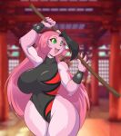  anthro big_breasts black_nose bow_(weapon) bracelet breasts clothing female green_eyes hair hi_res huge_breasts jewelry lagomorph leporid long_hair mammal mastergodai one_piece_suit open_mouth pink_hair rabbit ranged_weapon rascals reiko_usagi smile solo staff tight_clothing tongue training weapon webcomic 