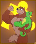  2019 abs anthro anthro_on_anthro arm_around_shoulders balls banjo-kazooie banjo_(banjo-kazooie) big_muscles big_penis border brown_background brown_body brown_fur carrying chameleon crossover digital_media_(artwork) duo erection foreskin fur genitals green_body green_scales gs humanoid_genitalia humanoid_penis interspecies lizard looking_at_another looking_at_genitalia looking_at_penis male male/male mammal muscular muscular_anthro muscular_male nude pecs penis penis_size_difference playtonic_games rareware reptile scales scalie signature simple_background size_difference standing thick_penis thick_thighs tuft ursid vein video_games yellow_border yooka yooka-laylee 