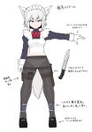  absurd_res animal_humanoid bow_tie breasts brown_eyes canid canid_humanoid canine canine_humanoid clothed clothing female footwear gloves hair handwear hi_res humanoid inner_ear_fluff japanese_text knife legwear maid_headdress maid_uniform mammal mammal_humanoid melee_weapon model_sheet navel panties sakifox sheathed_weapon shoes short_hair solo text tights translation_request tuft underwear uniform weapon white_hair wolf_humanoid wolf_maid 