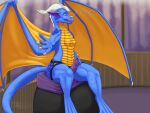  4:3 anthro blue_body blue_scales breasts claws dialogue dildo dragon english_text female glowing glowing_eyes hair hi_res horn inviting k&#039;sara large_wings lube membrane_(anatomy) membranous_wings mglblaze nude orange_body orange_eyes orange_scales scales sex_toy sitting small_breasts solo strapon text white_hair wings 