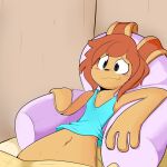  1:1 anthro black_nose blue_clothing blue_shirt blue_tank_top blue_topwear blush brown_body clothing female flattened hair hi_res lagomorph leporid mammal mizuriba navel rabbit shirt sitting smile solo tank_top topwear 