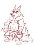  2018 anthro armor baron_puddin_paws belly biped canid canine disney fox gideon_grey hi_res humanoid_hands male mammal simple_background sketch slightly_chubby solo weapon white_background zootopia 