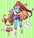  animal_humanoid blue_body blue_skin blush bottomwear cheerleader_outfit clothing duo eye_patch eyewear female fish fish_humanoid footwear grin hair hi_res human humanoid male mammal marine marine_humanoid pom_poms protagonist_(undertale) pugthe2ro raised_arm red_hair shoes simple_background skirt smile socks undertale undertale_(series) undyne video_games white_clothing white_footwear white_socks 