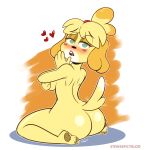 &lt;3 2021 animal_crossing anthro blonde_hair blush breasts butt canid canine canis covering covering_self domestic_dog female fur green_eyes hair hi_res isabelle_(animal_crossing) looking_at_viewer looking_back looking_back_at_viewer mammal nintendo nude shih_tzu solo spicystew stewsspicyblog tail_motion tailwag toy_dog video_games yellow_body yellow_fur 