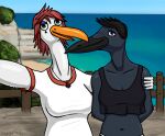  absurd_res anthro arm_around_partner avian beach beak belly big_breasts bird black_beak black_body black_clothing black_feathers blue_eyes blush breasts brown_hair cayugo cel_shading cleavage cliff clothed clothing colored_nails connie_(cayugo) corvid corvus_(genus) cross crow dark_hair day dirt duo eyelashes eyeshadow feathers female fence fingernails fully_clothed green_eyes hair hands_behind_back hi_res horizon jewelry long_beak long_neck looking_at_viewer makeup nails navel necklace non-mammal_breasts orange_beak oscine outside passerine plant purple_eyeshadow purple_nail_polish purple_nails raised_arm red_hair religion romantic romantic_couple sand sea seaside selfie shaded short_hair smile stephanie_(cayugo) stork tattoo tree two_piece water white_body white_clothing white_feathers 