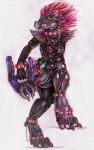  10:16 2021 alien anthro armor avian beak breasts chain chain_necklace claws clothed clothing crystal cyberpunk feathers female footwear full-length_portrait fully_clothed gem halo_(series) harlotmonster hi_res holding_object holding_weapon jewelry kig-yar looking_at_viewer microsoft necklace needler pink_body pink_feathers portrait pupils ranged_weapon scalie simple_background slit_pupils solo t&#039;vaoan teeth traditional_media_(artwork) video_games weapon xbox_game_studios yellow_eyes 