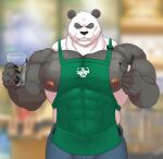  2021 abs absurd_res anthro apron barazoku barista beastars big_muscles black_sclera blurred_background bottomwear claws clothed clothing container cup dated front_view fur giant_panda gouhin hi_res holding_cup holding_object holding_pen huge_muscles i_mean_breast_milk jabuhusky looking_at_viewer male mammal meme muscular muscular_anthro muscular_male nipple_slip nipples pants pecs pen scar signature smile solo standing teeth topless topless_male tuft ursid working 