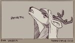  2021 anthro antlers cervid english_text grey_background hair hi_res horn long_hair male mammal meme monochrome open_mouth pathetic_(meme) redishdragie signature simple_background sketch solo teeth text 