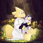  1:1 2021 alphys animate_inanimate anthro beady_eyes big_head black_hair blush blush_stickers breasts buckteeth charchu_(artist) chubby_anthro chubby_female clothed clothing coat deltarune detailed_background digital_media_(artwork) duo eyewear female flower fully_clothed glasses grass grin hair hi_res holding_object humanoid lab_coat living_puppet lizard male non-mammal_breasts outside plant puppet reptile scales scalie sitting smile spamton_g._spamton stone_wall teeth thick_tail tinted_glasses topwear undertale undertale_(series) video_games wall_(structure) white_body yellow_body yellow_scales 