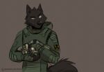  2021 5_fingers anthro black_body black_fur canid canine canis clothed clothing digital_media_(artwork) fingers fur koul male mammal solo text url wolf 