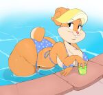  2021 anthro bent_over big_breasts big_butt bikini blonde_hair breasts butt cleavage clothed clothing female hair hi_res lagomorph leporid mammal mature_female patricia_bunny rabbit side-tie_bikini swimming_pool swimwear the_looney_tunes_show thick_thighs usnarbit warner_brothers water wide_hips 